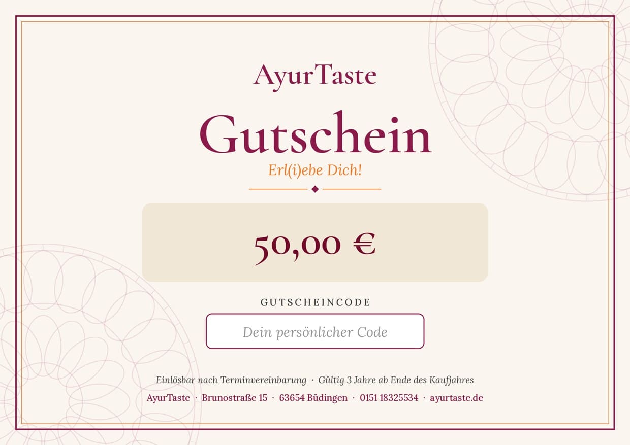 AyurTaste Wertgutschein für Ayurveda, Yoga und Massage in Büdingen